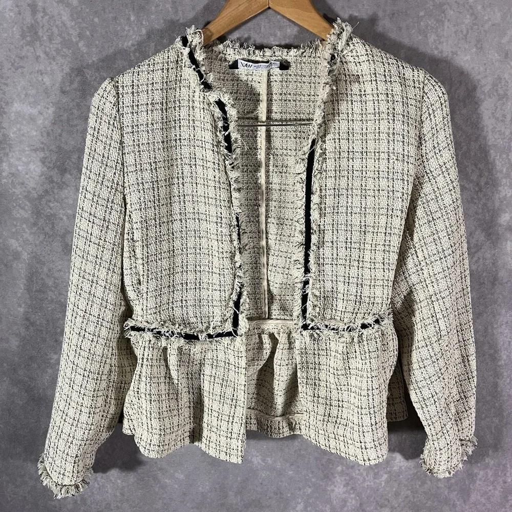 Zara Tweed Peplum Jacket Women XS White Black Frayed Edge Open Front Blazer